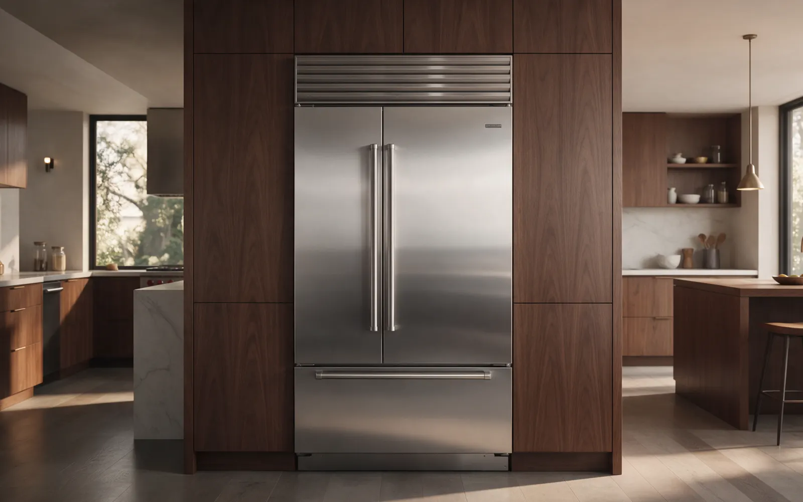 Built-in Viking stainless refrigerator in a wood kitchen